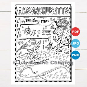 Pagina da colorare del Massachusetts, Stati Uniti, mappa dello stato, fauna selvatica, simboli dello stato, fiori, pagine da colorare