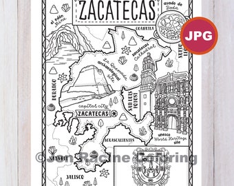 Mapa de Zacatecas, México: página para colorear, bandera, comida y monumentos (descarga JPG)