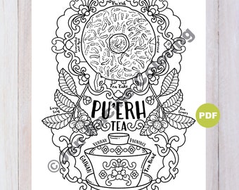 Pu'erh Tea Coloring Page, Tea Artwork, Digital Download Coloring Page