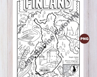 Finland Map Coloring Page, National Symbols (Digital Download)
