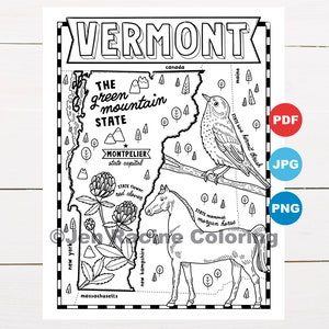 Pagina da colorare del Vermont, Stati Uniti, mappa dello stato, fauna selvatica, simboli dello stato, fiori, pagine da colorare