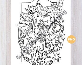 Tiger Lilies with Luna Moths and Caterpillar Coloring Page, Digital download, PNG