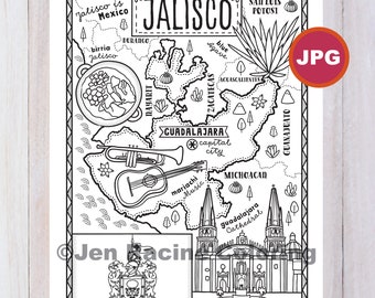Jalisco Coloring Page, Mexico State, Estados de Mexico, Flag, Food, Monuments, Coloring Page, JPG Download