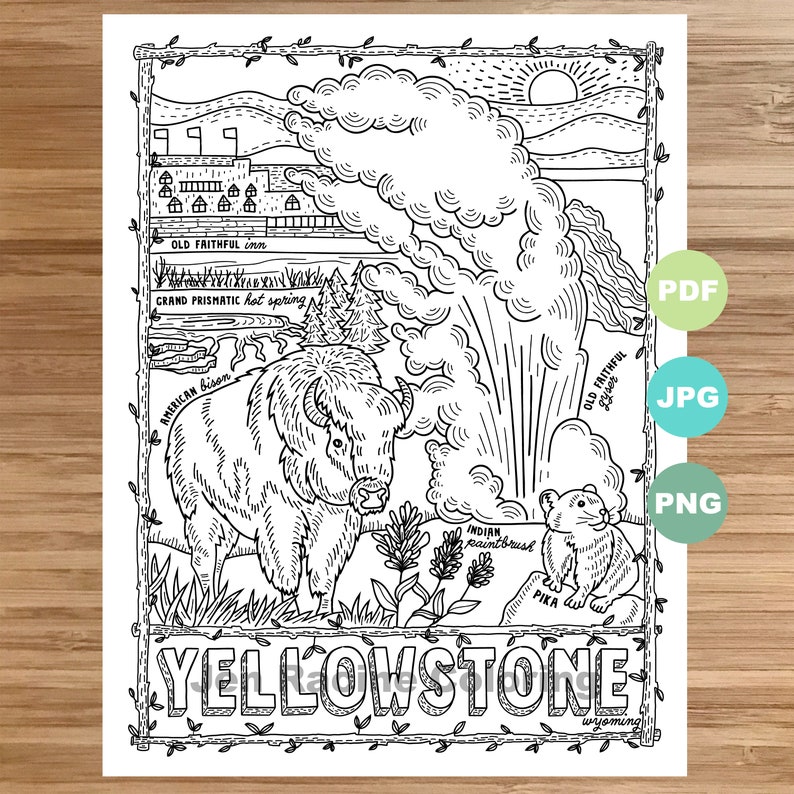 National Park Coloring Page Yellowstone Wyoming National Etsy