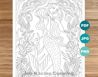 Dreamy Mermaid Coloring Page, Printable Art (PDF, JPG, PNG)