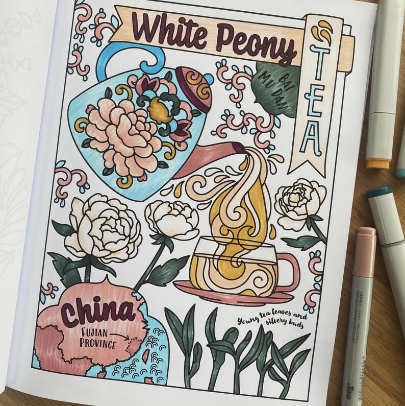 White Peony Tea Coloring Page, Digital Download - Etsy