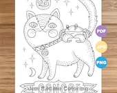 Cancer Zodiac Cat Coloring Page, Astrology Art (Printable)