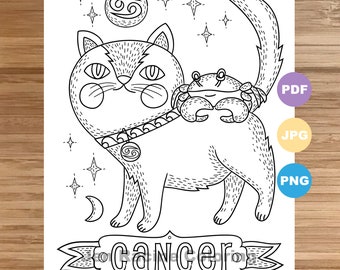 May include: A black and white line drawing of a cat with a crab on its back. The cat is wearing a necklace with a Cancer zodiac symbol. The image is labelled "Cancer" and has stars and a crescent moon in the background.