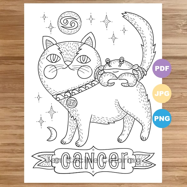 Cancer Cat Coloring Page, Zodiac, Animal art, Cats, Astrology, Coloring page, Printable, Coloring page for kids, Coloring page for adults