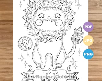 Leo Zodiac Cat Coloring Page, Animal Art (PDF, JPG, PNG)