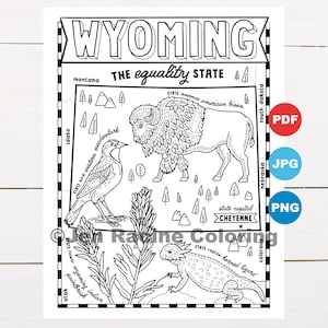 Pagina da colorare del Wyoming, Stati Uniti, mappa dello stato, fauna selvatica, simboli dello stato, fiori, pagine da colorare
