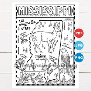 Pagina da colorare del Mississippi, Stati Uniti, mappa dello stato, fauna selvatica, simboli dello stato, fiori, pagine da colorare