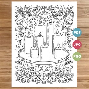 Candles Coloring Page, Hygge, floral, Scandinavian, cozy coloring, coloring page