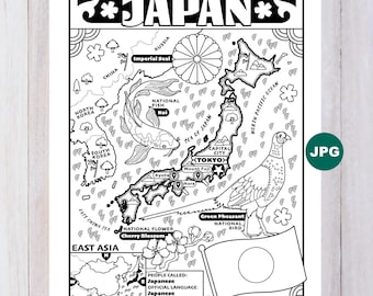 Japan Map Coloring Page, East Asia Geography (Digital Download)