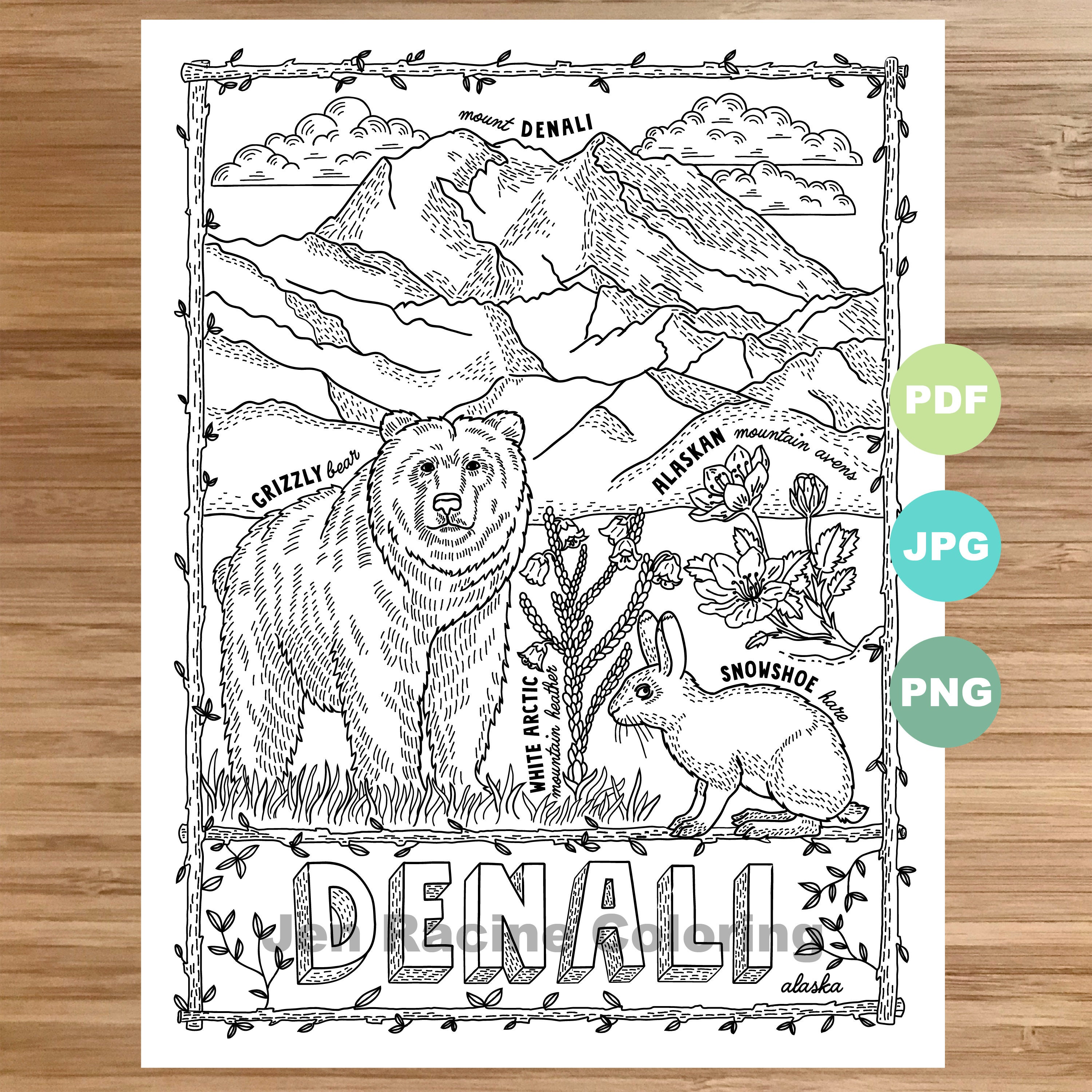 National park coloring page denali alaska national park landscape animal plant wildflower coloring page printable