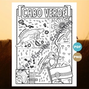 May include: A black and white illustration of a map of Cabo Verde, a country in Africa. The map shows the islands of Cabo Verde, the capital city Praia, and the national animal, the West African Manatee. The national bird, the grey-headed kingfisher, is also shown. The national flower, the Gerbera Daisy, is shown in the upper right corner. The flag of Cabo Verde is shown in the lower right corner.