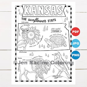Pagina da colorare Kansas, Stati Uniti, mappa dello stato, fauna selvatica, simboli dello stato, fiori, pagine da colorare
