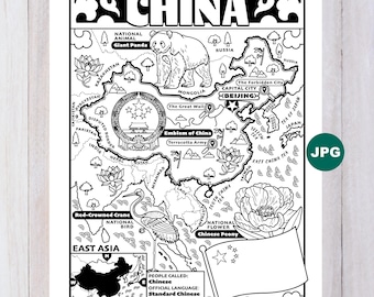 China Map Coloring Page, East Asia Geography (Digital Download)