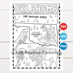 Pagina da colorare Oklahoma, Stati Uniti, Mappa dello Stato, Fauna selvatica, Simboli dello Stato, Fiori, Pagine da colorare