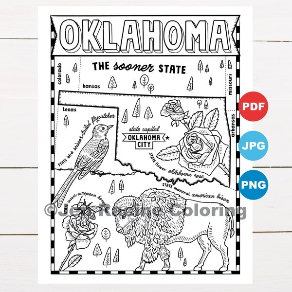 Oklahoma Coloring Page, United States, State Map, Wildlife, State Symbols, Flowers, Coloring Pages