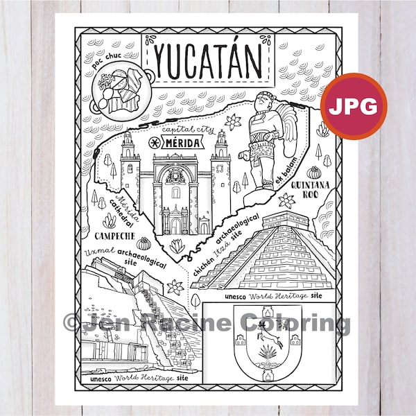 Yucatan Coloring Page, Mexico State, Estados de Mexico, Flag, Food, Monuments, Coloring Page, JPG Download