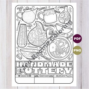 May include: Black and white illustration of various handmade pottery items, including teapots, mugs, vases, bowls, pitchers, and plates. The words "Handmade Pottery" are prominently displayed at the bottom, with spaces for notes and shop favorites.