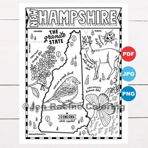 Pagina da colorare del New Hampshire, Stati Uniti, mappa dello stato, fauna selvatica, simboli dello stato, fiori, pagine da colorare
