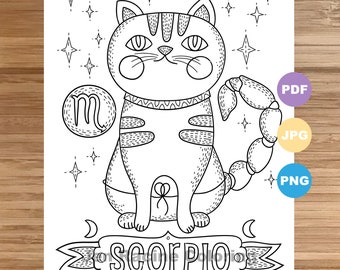 Scorpio Cat Coloring Page, Zodiac, Animal art, Cats, Astrology, Coloring page, Printable, Coloring page for kids, Coloring page for adults