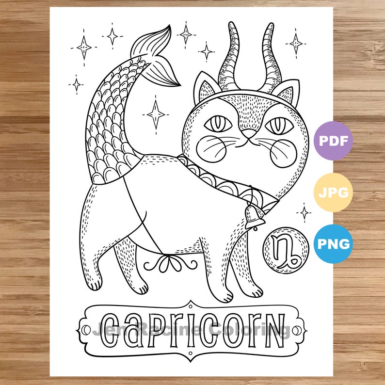 Download Capricorn Cat Coloring Page Zodiac Animal art Cats | Etsy