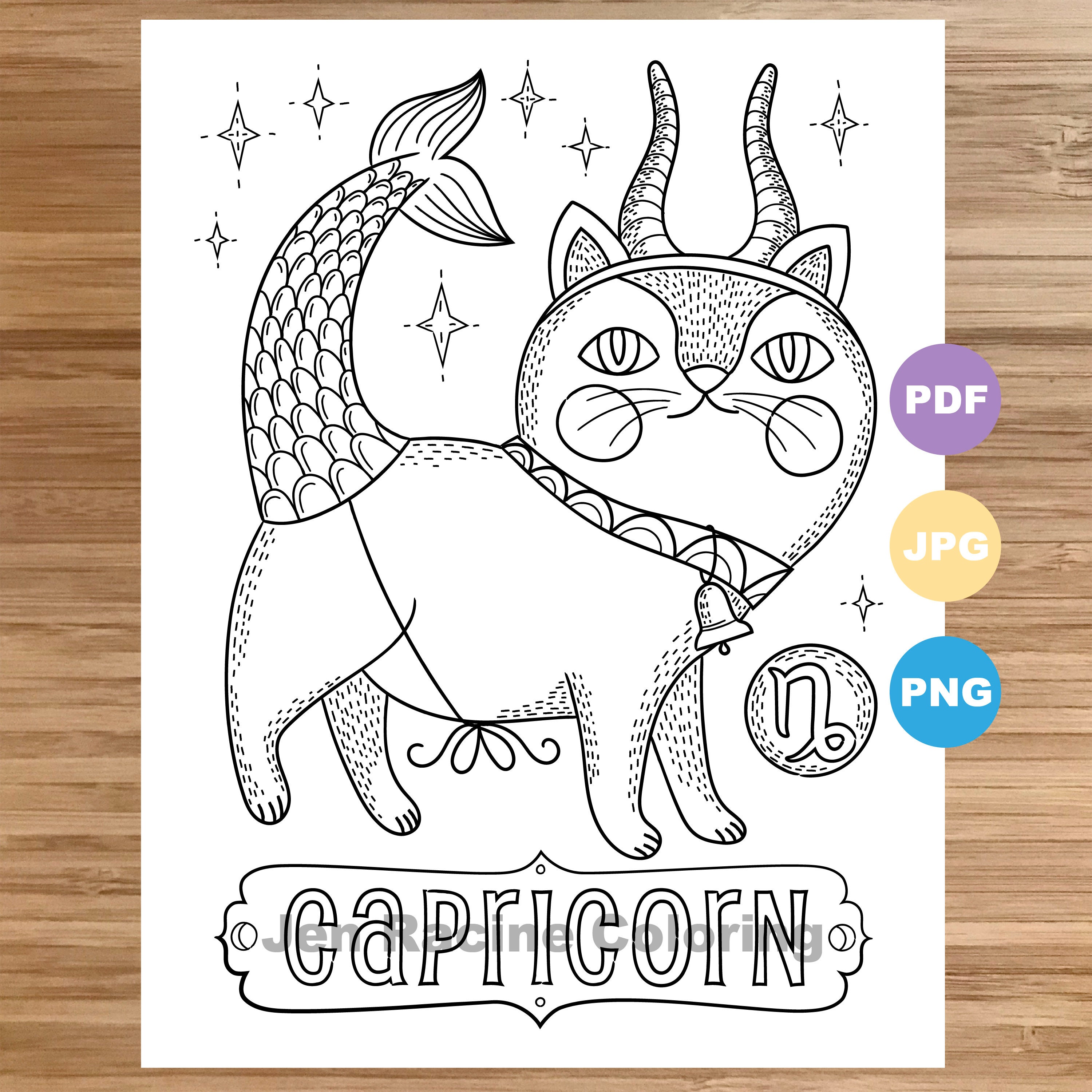 Download Capricorn Cat Coloring Page Zodiac Animal Art Cats Etsy