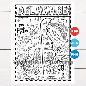 Pagina da colorare del Delaware, Stati Uniti, mappa dello stato, fauna selvatica, simboli dello stato, fiori, pagine da colorare