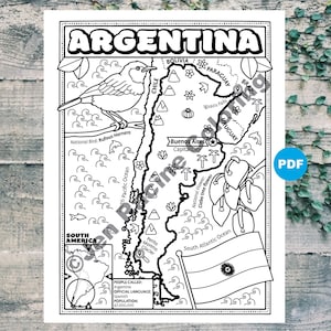 May include: A black and white coloring page featuring a map of Argentina with illustrations of the country's national bird, flower, and flag. The map includes the capital city, Buenos Aires, and the Iguazu Falls. The text "Argentina" is written in a retro font.