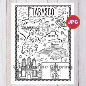 May include: A black and white line drawing of a map of the Mexican state of Tabasco. The map includes the capital city Villahermosa, the La Venta Museum, the Comalcalco Archaeological Site, and the Cupilco Church. The map also includes illustrations of local foods and plants.