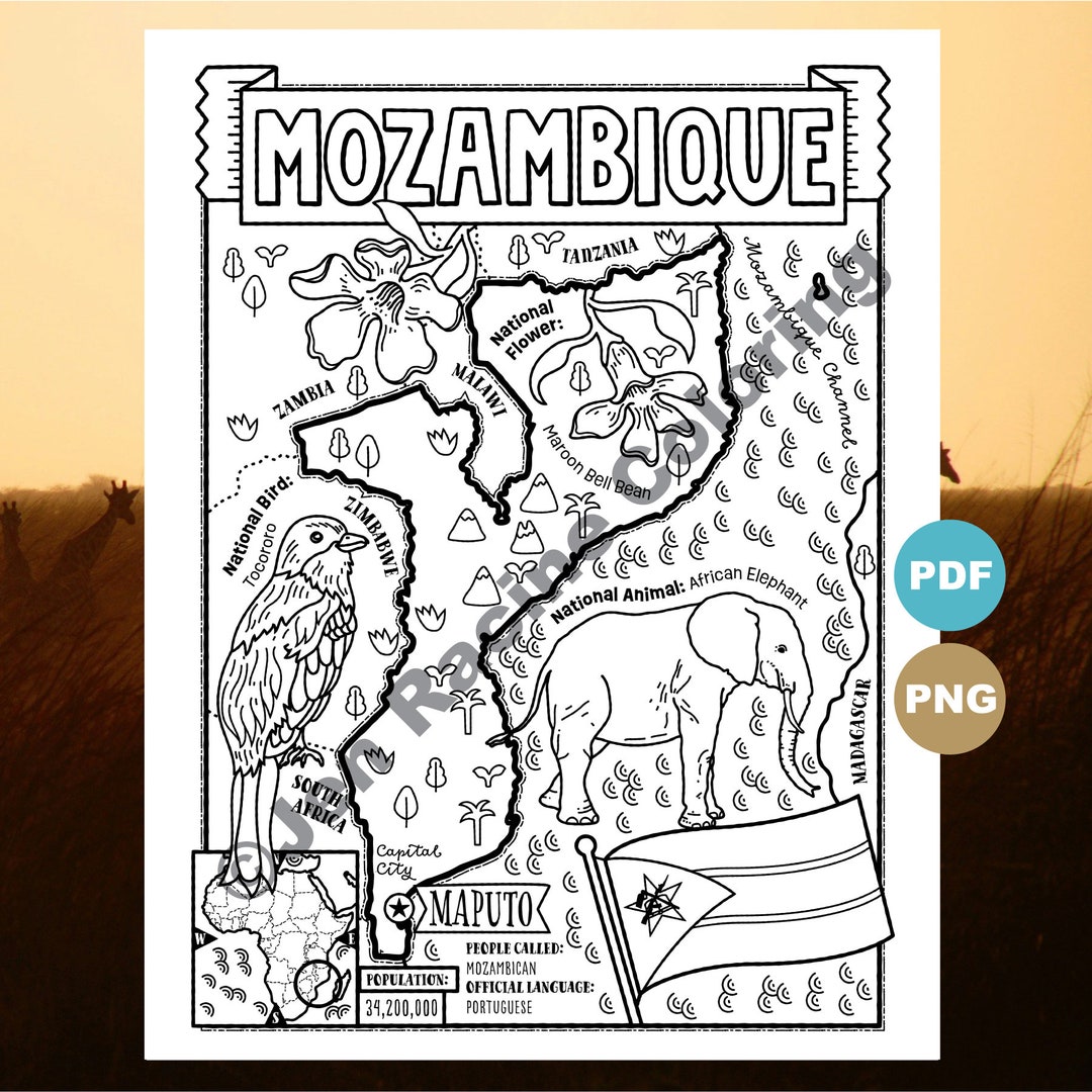 Mozambique Coloring Page, Geography of Africa, Digital Download