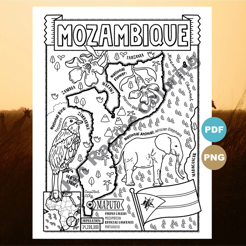 Mozambique Map Coloring Page, Africa Geography (digital Download) - Etsy