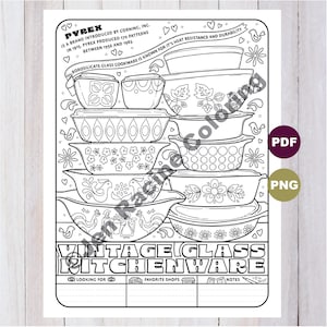 Puede incluir: Dibujo lineal en blanco y negro de utensilios de cocina de vidrio Pyrex vintage. La imagen incluye varios cuencos y platos con diseños florales y geométricos. El texto incluye "PYREX" y "VINTAGE GLASS KITCHENWARE".