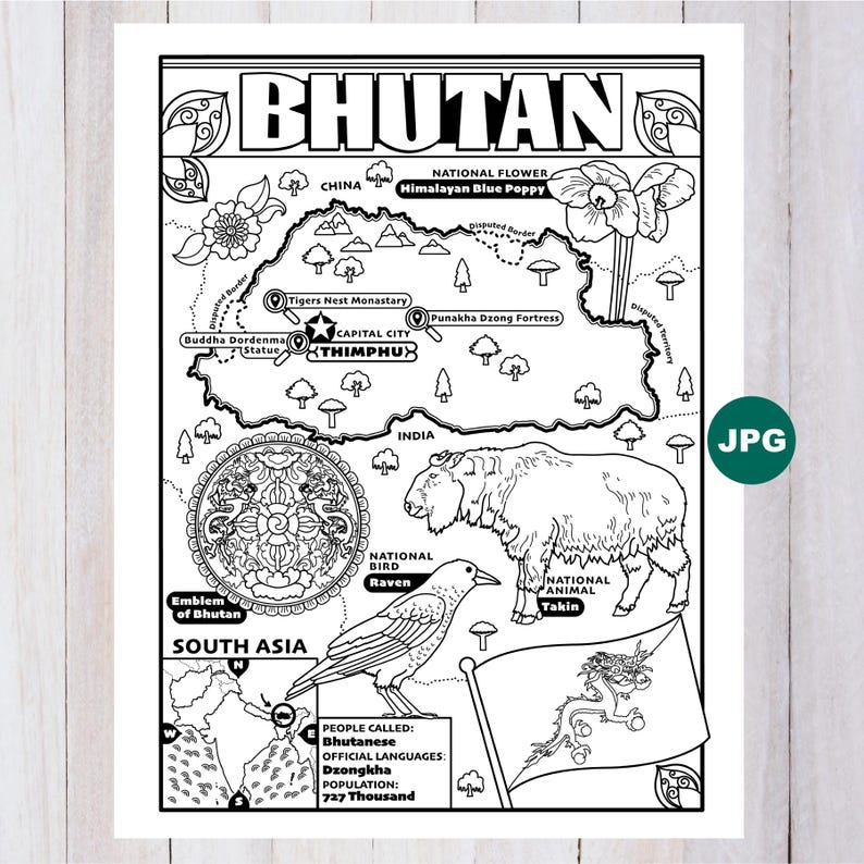 Bhutan Map Coloring Page, South Asia Geography (digital Download) - Etsy