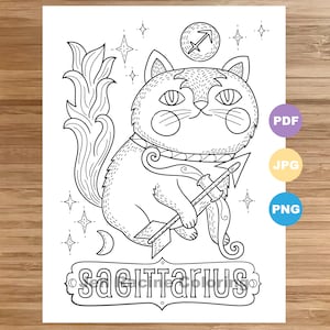 Sagittarius Cat Coloring Page, Zodiac, Cat art, Astrology, Coloring page, Printable, Coloring page for kids, Coloring page for adults
