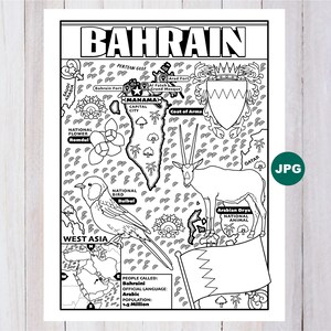 May include: Black and white line drawing of Bahrain, including a map, coat of arms, national flower, bird, and animal. Text includes "Bahrain", "Manama", and "West Asia". The image also shows the flag of Bahrain.