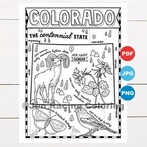 Farbseite von Colorado, USA, Karte, Wildtiere, Symbole des US Bundesstaates, Blumen, Ausmalbilder