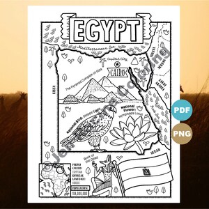 May include: A black and white coloring page of a map of Egypt. The map includes the Nile River, the pyramids of Giza, the capital city Cairo, and the Red Sea. The page also includes information about the national bird, flower, and population of Egypt.