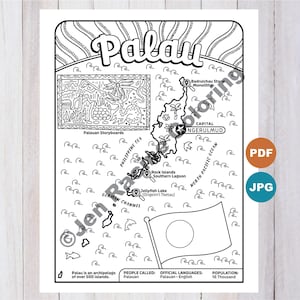 May include: Black and white line drawing of Palau, an archipelago, with the word "Palau" at the top. The map includes the capital Ngerulmud, the Philippine Sea, and the North Pacific Ocean. Includes a flag and text.