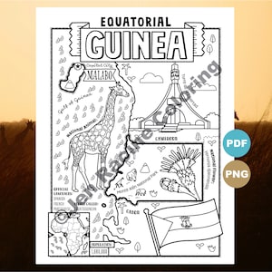 以下が含まれることがあります： 赤道ギニアの地図の白黒塗り絵。地図には首都マラボー、国の動物であるキリン、国の花であるベルノニア・ジャロネンシス、公用語であるスペイン語、フランス語、ポルトガル語が記載されています。地図には人口1,680,000人も記載されています。