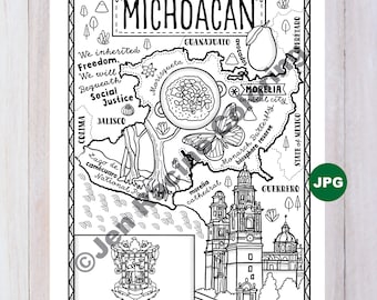 Michoacan State Coloring Page, Mexico State, Estados de Mexico, Flag, Food, Monuments, Coloring Page, JPG Download