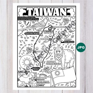 May include: Black and white line drawing of Taiwan, featuring the island's shape, cities, landmarks, and national symbols. Includes the Taiwan Blue Magpie, Plum Blossom, and Formosan Black Bear. Text includes "TAIWAN" and other details.