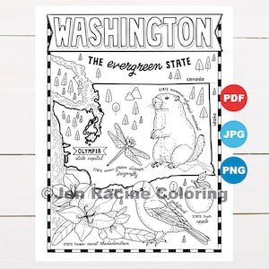 Pagina da colorare di Washington, Stati Uniti, mappa dello stato, fauna selvatica, simboli dello stato, fiori, pagine da colorare