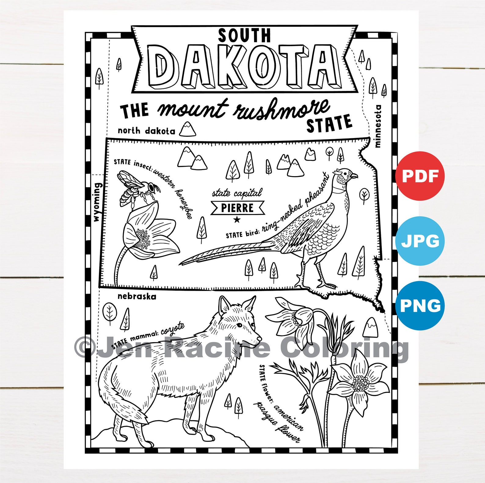 South Dakota Coloring Page, United States, State Map, Wildlife, State