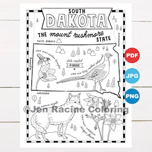 Pagina da colorare del South Dakota, Stati Uniti, mappa dello stato, fauna selvatica, simboli dello stato, fiori, pagine da colorare