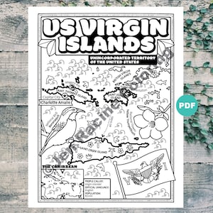 Página para colorir das Ilhas Virgens Americanas, Geografia do Caribe, Página para colorir para download digital