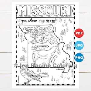 Pagina da colorare Missouri, Stati Uniti, mappa dello stato, fauna selvatica, simboli dello stato, fiori, pagine da colorare